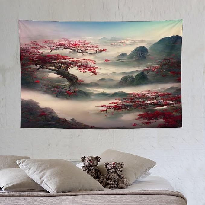 Japanese Tapestry, Red Plum Cherry Blossom Mountain, Asian Wall Art, Nature Landscape for Bedroom & Living Room Decor, 60"x40"