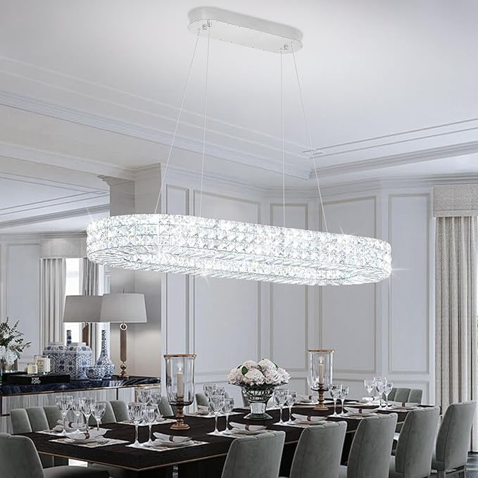 Modern Crystal Chandelier, Dia 40" Rectangular Chandelier for Dining Room,Chrome Rectangle Crystal Ceiling Light Luxury Oval Chandeliers for Living Room Kitchen Island