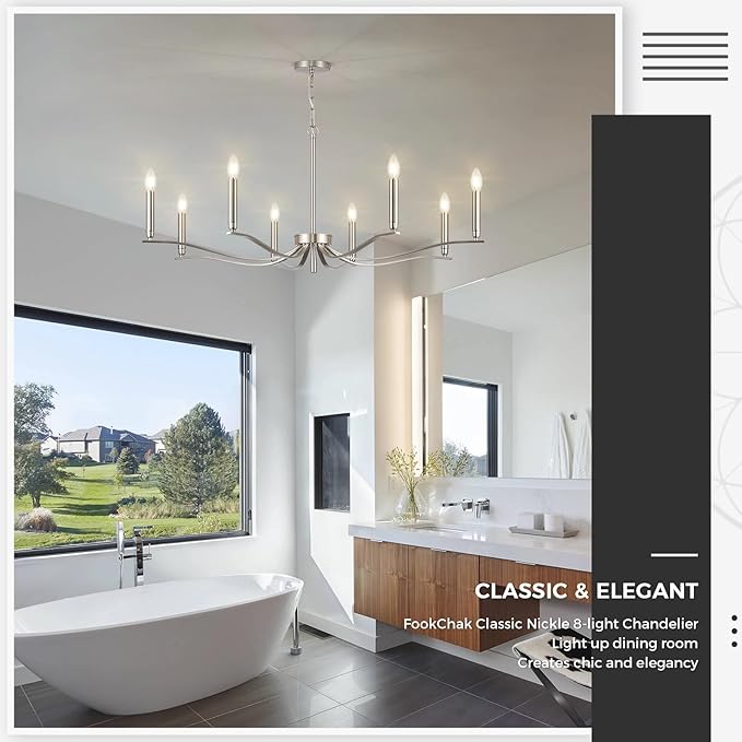 Nickel Chandeliers for Dining Room, 8-Light Chandelier Light Fixture Over Table Modern Candle Chandelier 44in Master Bedroom Chandeliers Lighting for Entry Foyer Bathtub Living Room