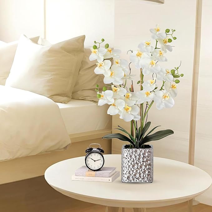 Orchid Artificial Flowers with Sliver Vase Large Silk Faux Phalaenopsis Flowers for Dining Room Table Floral Centerpieces Indoor Decoration,White