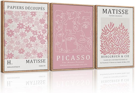 HLNIUC Matisse Pink Wall Art,Neutral Pink Flower Framed Canvas Wall Decor Set of 3(16”x24’) Modern Aesthetic Pictures Wall Painting,Abstract Flower Market Art Print for Living Room,Bedroom