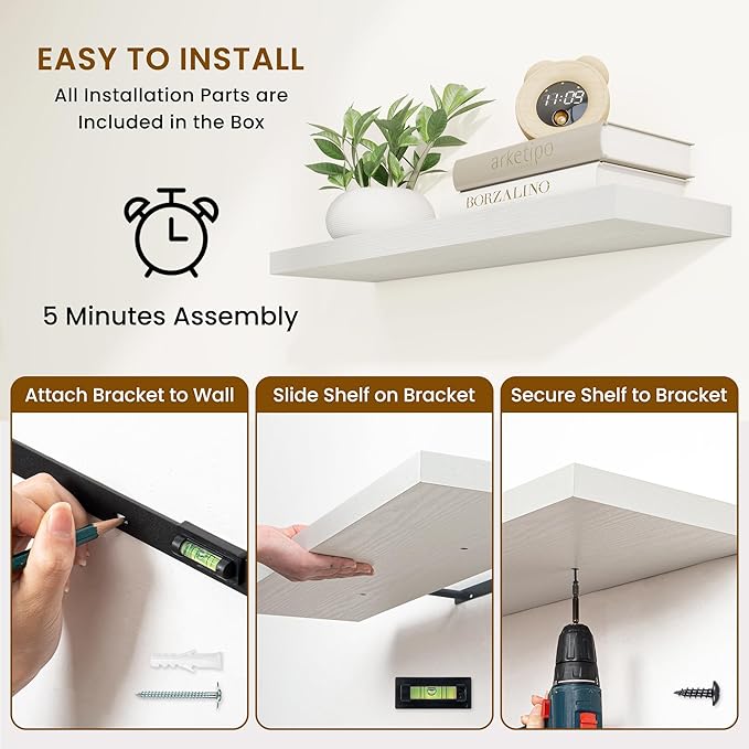 36 Inch Floating Shelves, 9.3 Inch Deep Rustic Wall Shelves - Extra Deeper Wall Mounted Storage Shelves for Bathroom, Kitchen, Living Room (White, Set of 2)