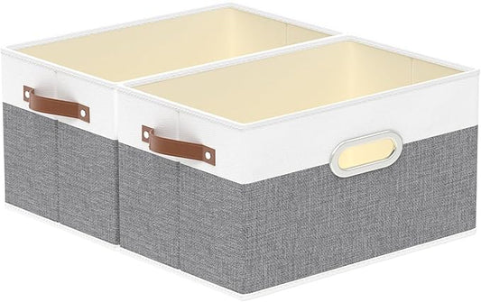 Yawinhe Fabric Storage Baskets, Foldable Closet Organizer for Shelves, Large Boxes with 3 Handles, Canvas Bins for Clothes, White/Grey, 12.99''Lx9.05''Wx7.87''H, 2-Pack