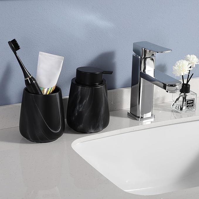 Marble Black Toothbrush Holder for Bathroom - Ceramic Tooth Brushing Holders, Toothbrush Cup, Toothpaste Organizer for Bathroom Countertop, Makeup Brush Holder, Pen Holder for Home Desktop Storage