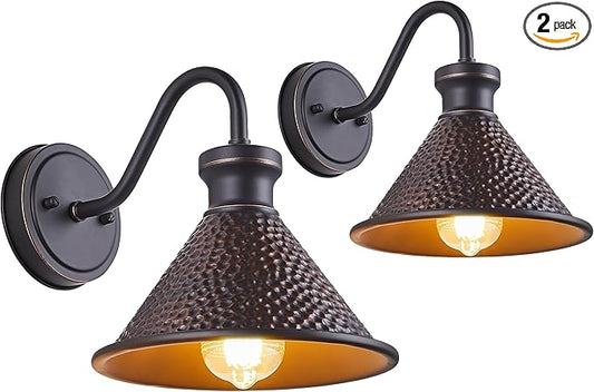 Gooseneck Outdoor Wall Light Fixtures, 2-Pack Farmhouse Barn Lights for Porch, Industrial Oil-Rubbed Bronze Exterior Wall Sconce for Garage, Patio, E26 Base Anti-Rust, Bulb not Included