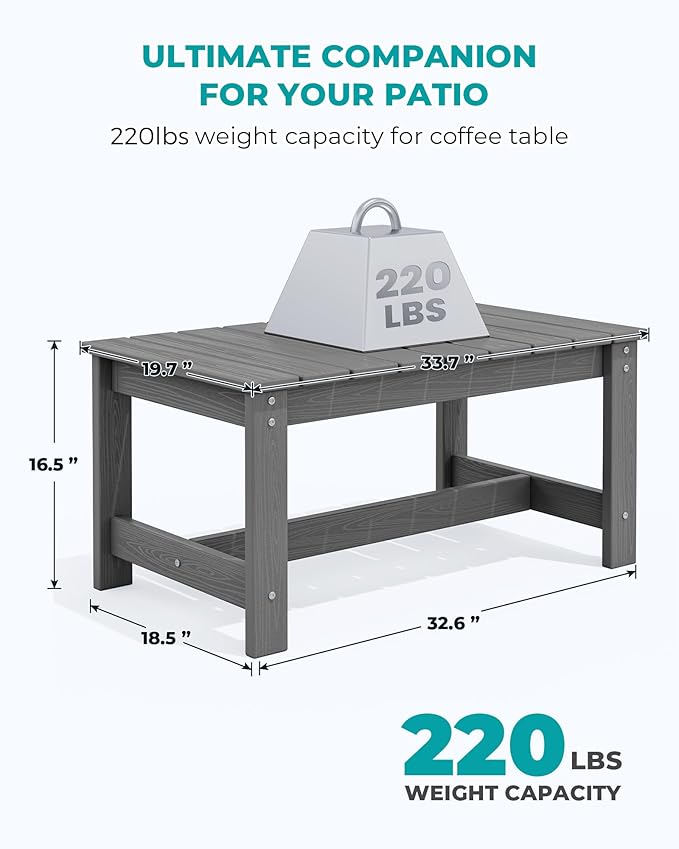 SERWALL Outdoor Coffee Table, HDPE Patio Coffee Table for Outside, Grey