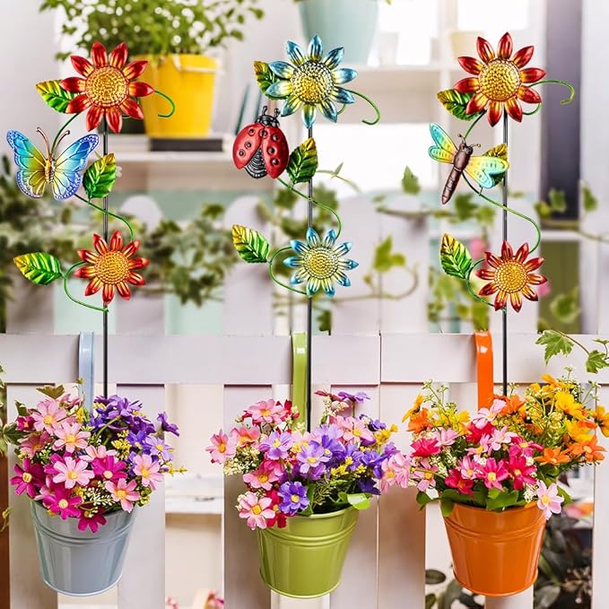 3 Pcs Sunflower＆Butterly＆Ladybug＆Dragonfly Decorative Garden Stakes,23.5 in Metal Sunflower Yard Art for Outside Decor,Spring Outdoor Decor for Mom,Women,Grandma