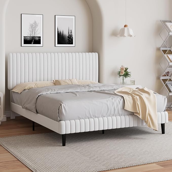Queen Size Bed Frame with Headboard, Velvet Upholstered Platform Bed with Vertical Channel Tufted Design, No Box Spring Required, Easy Assembly, White