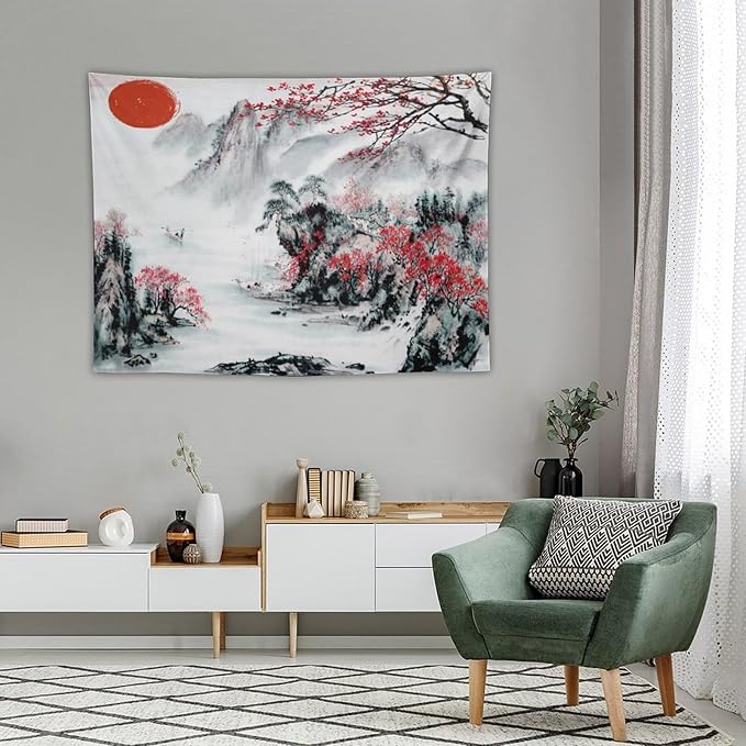 Cherry Blossoms Tapestry, Japanese Red Landscape Asian Watercolor Abstract Art, Bedroom Living Room Decor 40"x30"