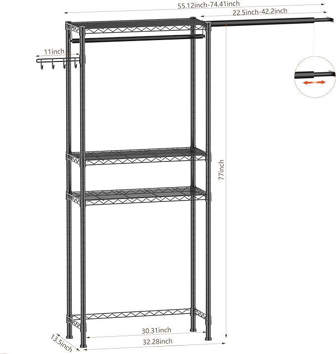 Over Washer and Dryer Shelves,3 Tier Adjustable Wire Shelving Laundry Room Storage Organization Clothes Drying Rack with Mounted on the Wall Expandable Hanger Rods&Hook,55"~74.5"Wx13.4"Dx77"H