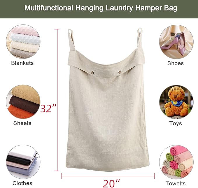 Linen Hanging Laundry Bag, 100% Linen Over The Door Laundry Hamper with Buttons and Zipper, Space Saving Door Hampers for Laundry Dirty Clothes Home Travel, Linen