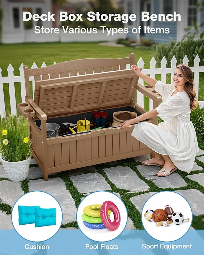 YEFU Outdoor Storage Bench for Patio: Heavy Duty Garden Bench Set of 2 with 96° High Backrest & Oversized Seating - HIPS Weatherproof Patio Bench with Storage for Porch Park Backyard, Teak
