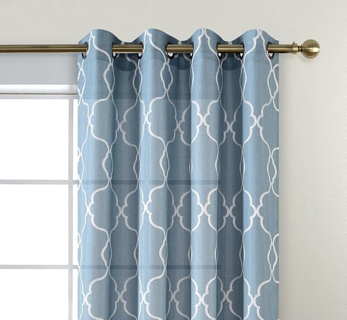Miuco Moroccan Embroidered Semi Sheer Curtains Faux Linen Grommet Curtain Set for Bedroom 52 x 95 Inch, Dusty Blue