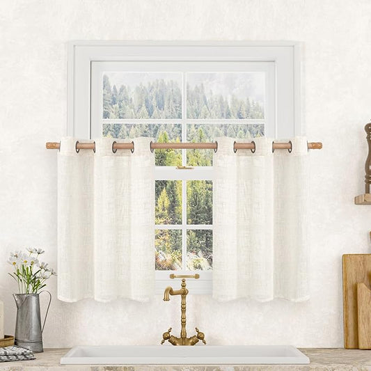 LAMIT Cream Linen Curtains 36 Inch for Windows, Soft Thick Linen Textured Light Filtering Drapes Bronze Gromment Boho Neutral Panels for Basement/Bathroom/Kitchen, 2 Panels, 34 x 36 Inch