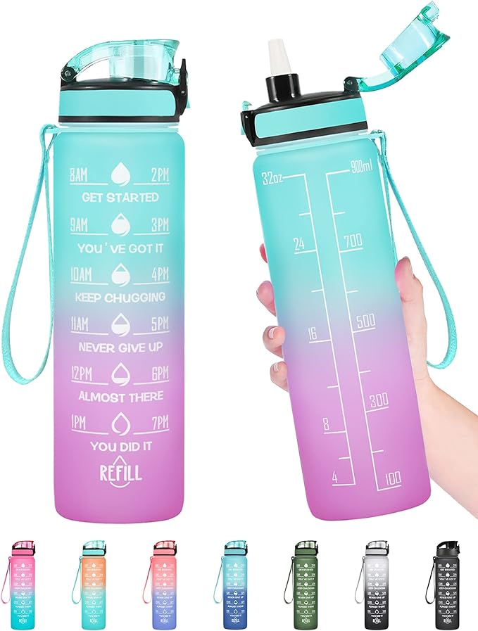 Enerbone Water Bottle, Leakproof BPA & Toxic Free, Motivational Water Bottle with Times to Drink and Straw, Fitness Sports Water Bottle with Strap for Office, Gym, Outdoor Sports