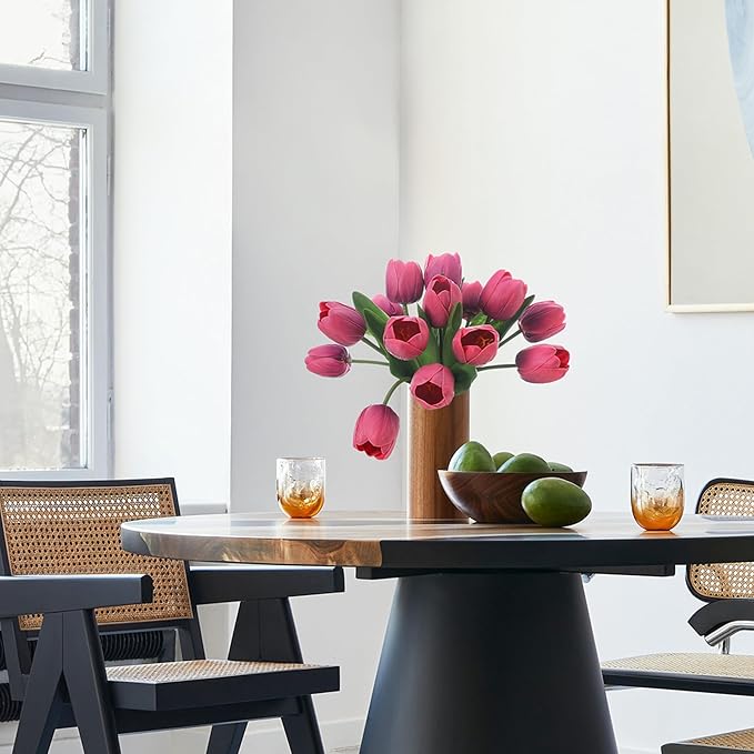 Deep Pink Artificial Tulips, 2 Bundles 14Pcs, Fake Tulips Artificial Flowers, 2 x 2.4 Inch Large Flower Head Big Tulip, Easter Valentine's Day Mother's Day Home Decoration Flowers