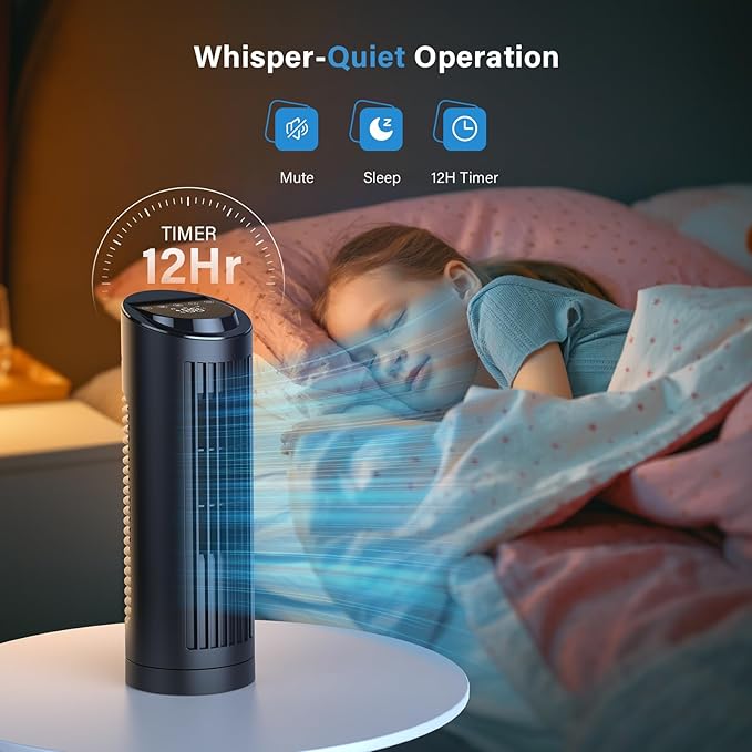 Tower Fan Bladeless with 3 Speeds, 4 Mode [AI, Normal, Natural, Sleep], Table Fan 80° Oscillation, Touch Screen + Remote Control, 12H Timer, 13" Desk Fan for Bedroom Home Office Desktop-Black