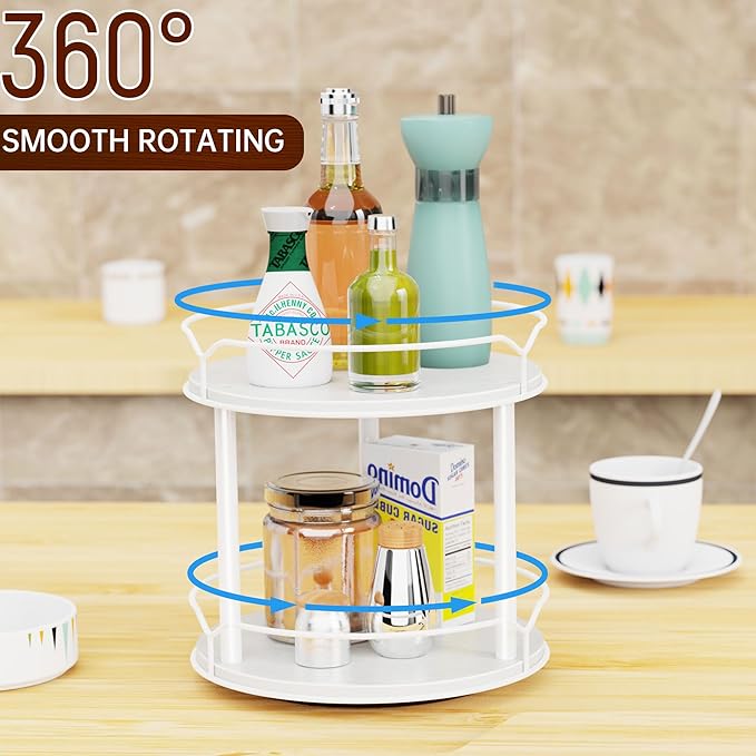 Lazy Susan Organizer 2 Tier - 9.2" Turntable Spice Rack for Table Top, Wooden Rotating Lazy Susan for Cabinet Pantry Kitchen Countertop Dining Table Cupboard Bathroom Vanity Storage(White)