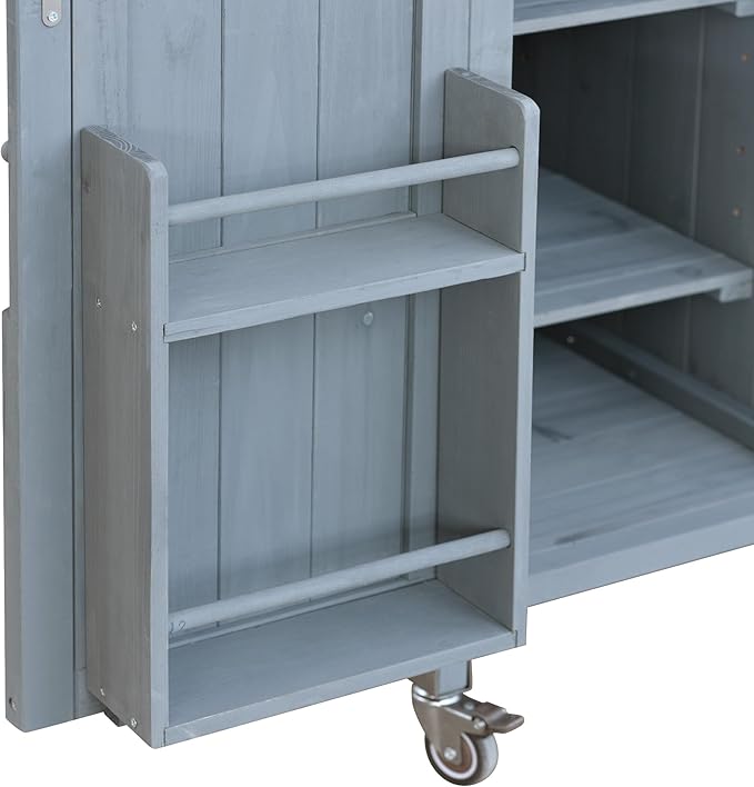 Outdoor Solid Wood Grill Table with Stainless Steel Top, Farmhouse Kitchen Island with Storage Cabinet, Outdoor Bar Cart with Internal Storage Rack, Spice & Towel Rack, Grey Blue