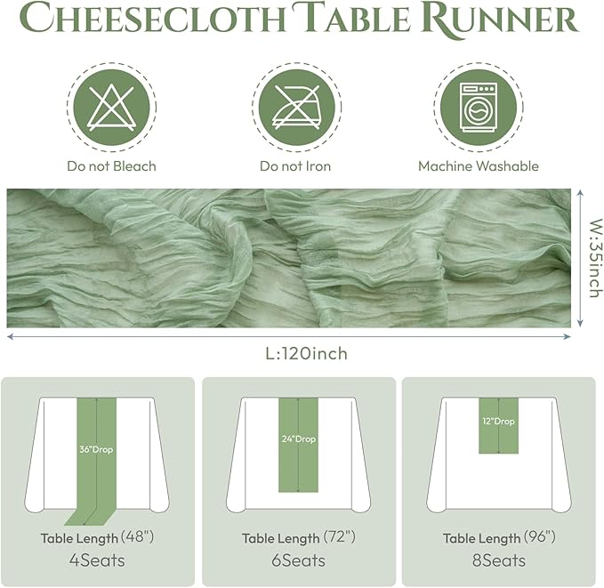 Sioloc 10 Pack Sage Green Cheesecloth Table Runner Fall Autumn Decor for Home 10ft Table Cloth for Tea Wedding Birthday Party Baby Bridal Shower Halloween Thanksgiving