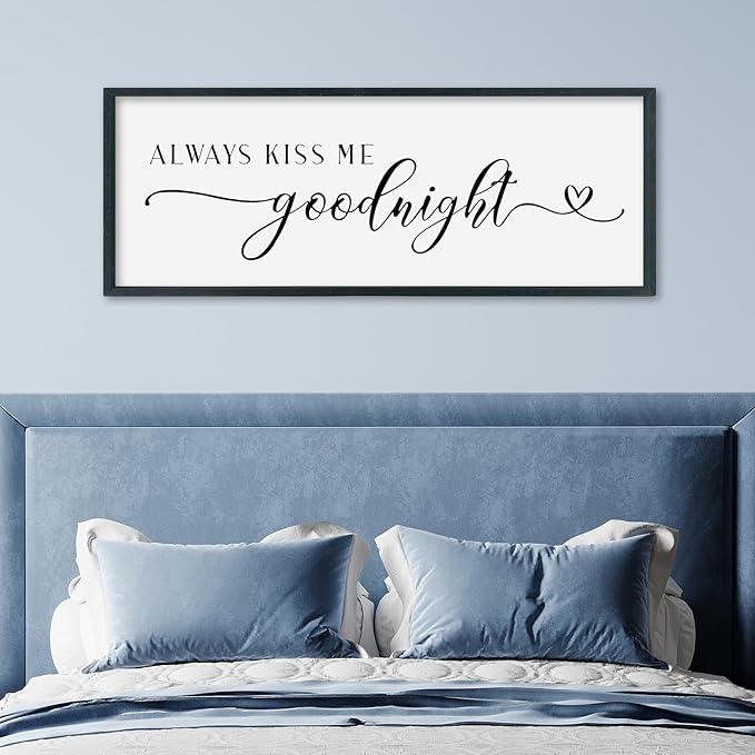SRSZHIYUE Always Kiss Me Goodnight Sign Wall Decor Art for Master Bedroom Above Bed 40"×15" Large Wood Framed Wall Hanging (Black)