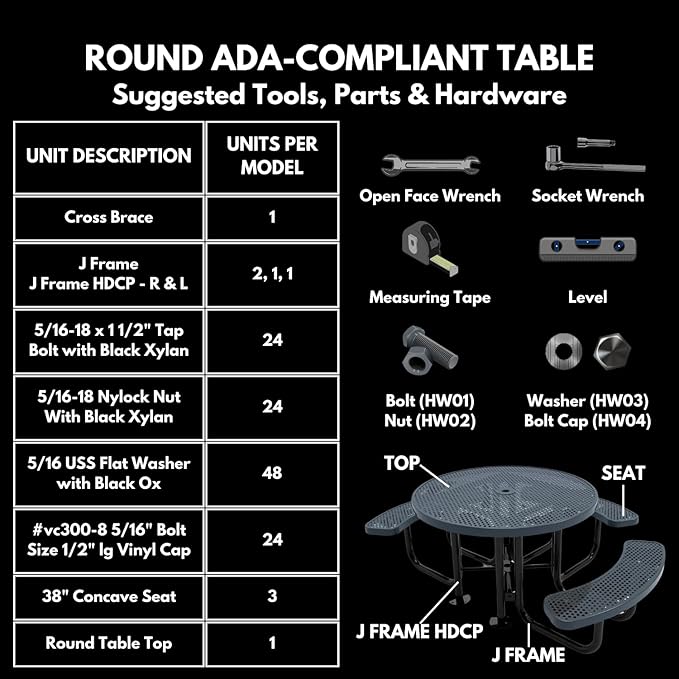 TRD3-GRY Heavy Duty Round Portable Picnic Table 3 Seat Handicap Accessible, 46", Grey, Made in America