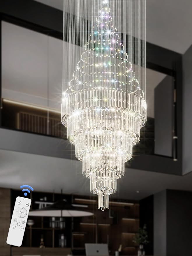 Flashing God D48''X H120''High Ceiling Chandelier Crystal Raindrop Chandeliers Large Villa Chandelier Entrance Foyer Hight Ceiling Lighting LED Dimmable 2700K-4500K-6000K 24 LED Bulbs Include