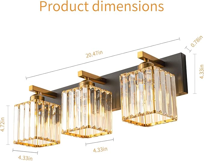 Modern Bathroom Vanity Light 3-Lights Black Gold Crystal Bathroom Wall Light Vanity Light Fixtures，20.47-inch Modern Minimalist Design