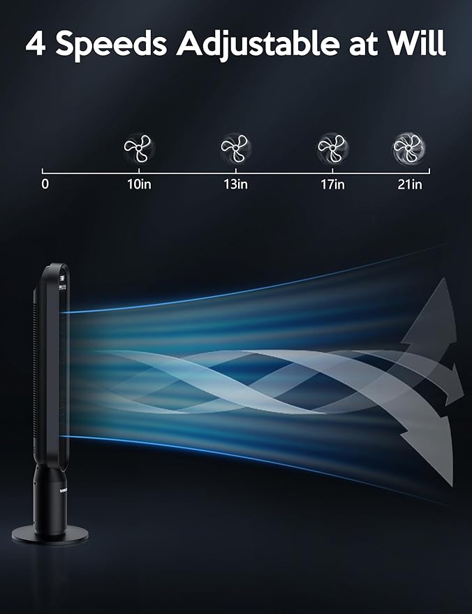 VAGKRI 42 Inch Tower Fan for Bedroom, Bladeless Quiet Floor Fan with 135° Vertical 90° Oscillation Fans for Indoors use, 4 Speeds, 4 Modes, 15H Timers Standing Fans with Remote Black