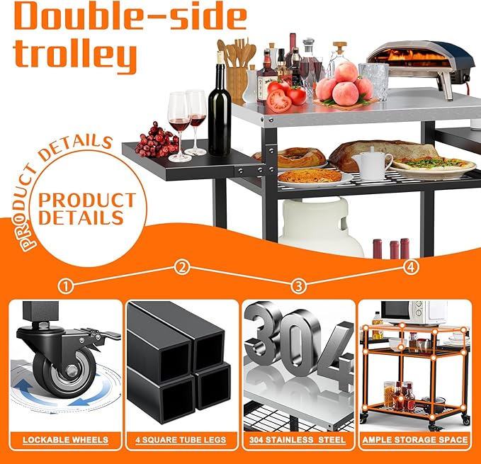 Outdoor Grill Table, Stainless Steel Grill Cart for Blackstone Griddle, Pizza Oven Stand for Onni, Kitchen Cooking Prep Table BBQ Cart for Party, Bar, Camping