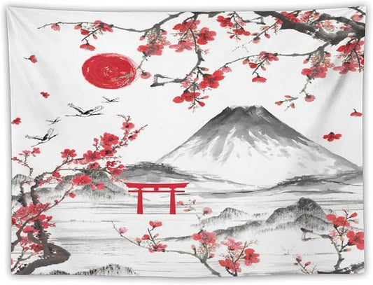Red Cherry Blossoms Tapestry, Japanese Fuji Mountain Tapestry, Asian Japanese Wall Tapestry, Nature Landscape Tapestries for Bedroom Living Room Decor 60"x50"