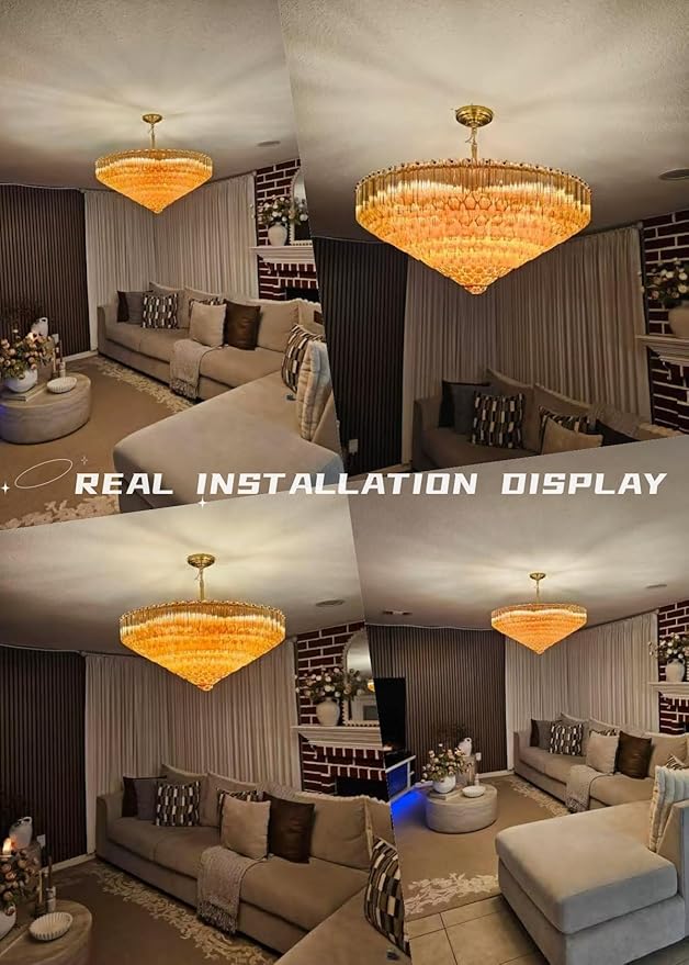 Modern Amber Glass Chandelier, 14" Round Crystal Dining Room Pendant Light Chandelier, Luxury Brass Hanging Fixture for Bedroom, Gold Kitchen Island Light, Dimmable Small Ceiling Lighting Chandeliers