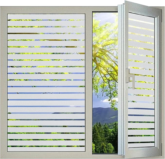 Window Privacy Film with Installation Tools,Stripe Window Film, Static Cling, Anti UV, Heat Control, Ideal for Home Shower Office Glass Door (Stripes Pattern, 45.2X157.4Inch)