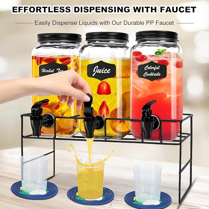 3-Pack 2.2L Glass Laundry Detergent Dispenser Set with Stand - Premium Liquid Soap Dispenser with PP Spigots, Measuring Cups, and Chalkboard Labels for Laundry Room Organization and Storage