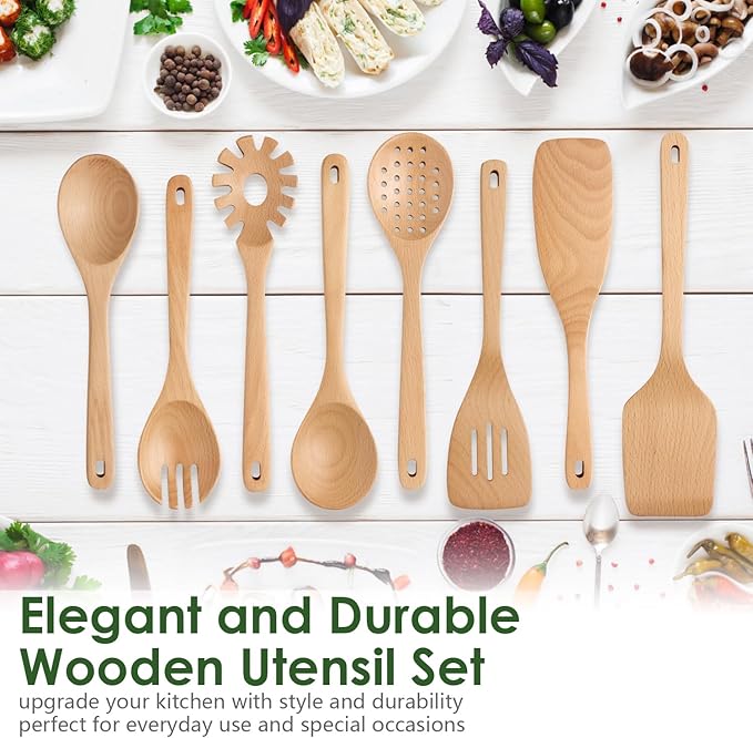 Wooden Spoons for Cooking, 8 Pcs Beech Wood Wooden Kitchen Cooking Spoon Utensil Tools Set Includes Spatula Skimmer Pasta Scoop Non-Stick Cookware Safe by HOWHONG