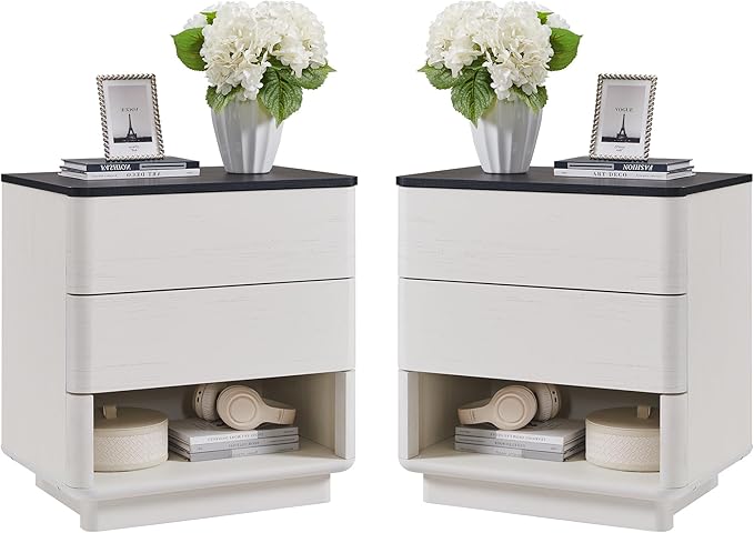 Nightstand Set of 2 with Charging Station, 22" Large Modern Bedside Table with 2 Drawers Storage,Push-to-Open End Table for Bedroom,Living Room,Off White