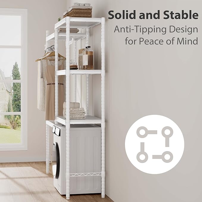 CABIHOME 5-Tier Over-The-Washer Shelf - Adjustable Height Laundry Organizer Space Saver, Double-Layer 100lb Shelves, 2 Hooks for Bathroom/Balcony (White)