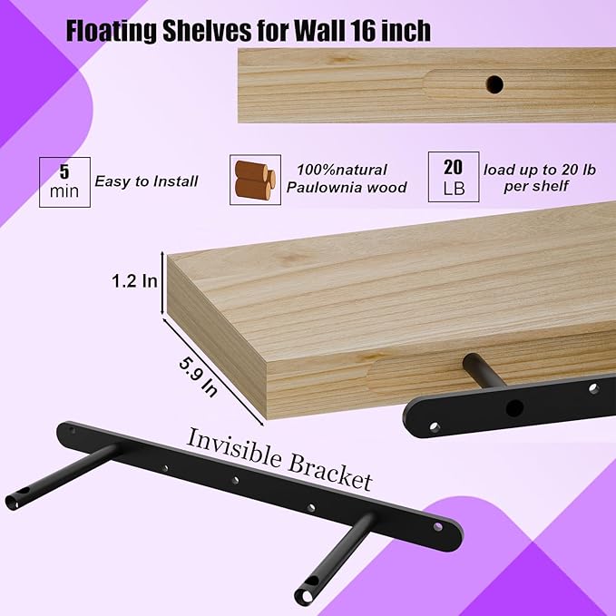 IAE Floating Wall Shelves 16 inch,Bathroom Shelves Wall Mounted,Invisible Shelves Floating Kitchen Shelves,Wooden Wall Shelves with Brackets for Living Room Wall Mounted,Easy Install,Set of 2,Natural