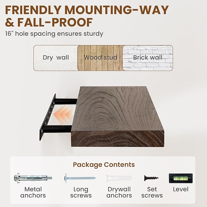 Rustic 30" Floating Shelves, Real Elm Wood Floating Shelf for Wall, Heavy-Duty Wall Shelves for Books, Wooden Floating Shelves with Invisible Bracket for Bathroom, Kitchen, Walnut Color, Set of 2