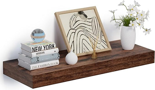 Heimlove 24 x 12 Inch Deep Floating Shelves Wall Mounted with Invisible Brackets,Storage Hanging Shelf for Wall Decor in Bathroom, Bedroom, Kitchen, Living Room, Office Set of 1 (Rustic Brown)