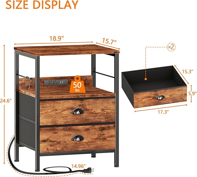 Furologee Night Stand with Charging Station, Bedside Table with Fabric Drawers, End Table with USB Ports & Outlets, Rustic Nightstand with Storage Shelf & Hooks, for Living Room/Bedroom, Rustic Brown