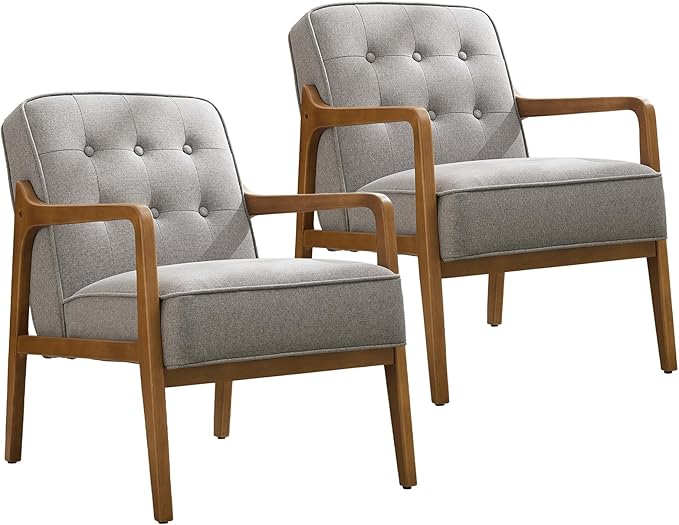 Linen Accent Chair Set of 2, Mid Century Modern Chair for Living Room, Upholstered Comfy Lounge Armchair with Solid Wood Frame, Reading Side Chair for Bedroom,105°Ergonomic Comfort, Grey