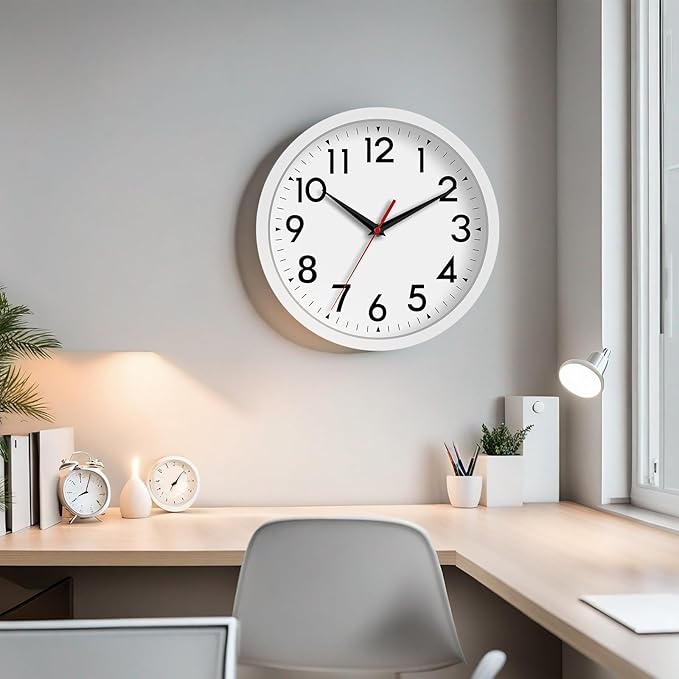12 Inch Wall Clock Battery Operated Silent Non Ticking Analog Modern Decorative for Office Kitchen Outdoor Living Room Classroom Bedroom Bathroom School(White)