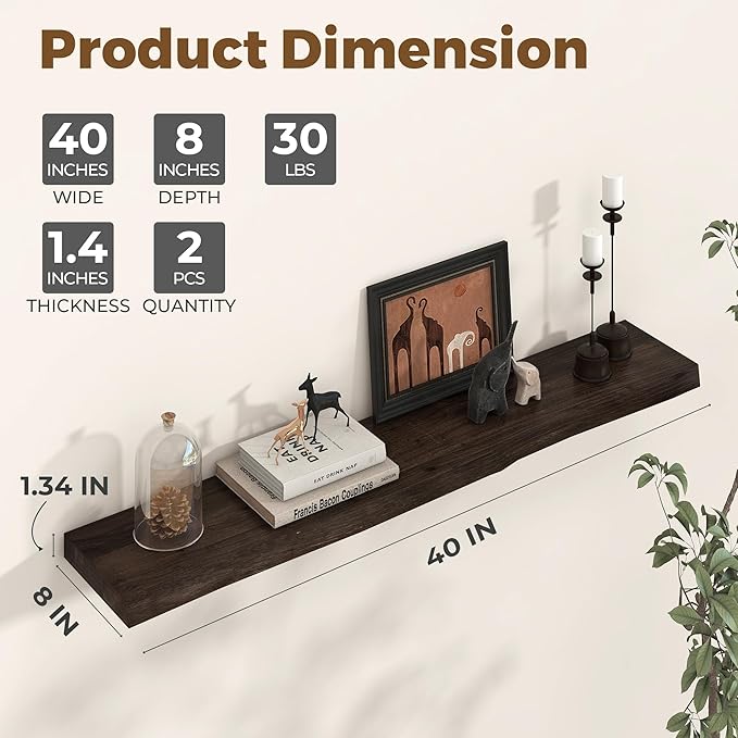 Axeman 40 inch Floating Shelves for Wall - 8'' D Live Edge Rustic Solid Elm Wood Floating Shelves Wall Mounted, Wall Shelves with Invisible Bracket for Living Room Bedroom Kitchen, Set of 1 Walnut