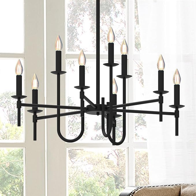 Farmhouse Black Chandelier, Modern Candle Hanging Lamp, Round LED Ceiling Pendant Lights for Kitchen Island Living Room Bedroom Dining Room (Black-B 9Lights)