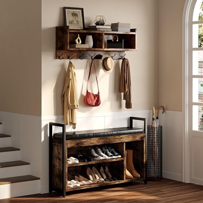 YITAHOME Hall Tree with Bench for Entryway, Wall Mount Coat Rack Shoe Bench Set, Industrial Entrance Organizer with Storage for Hallway, Rustic Brown