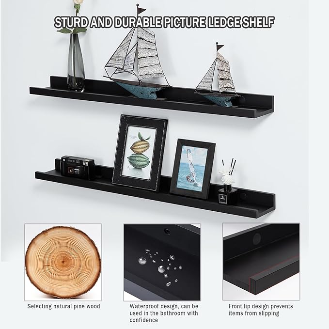Black Floating Shelves 36 Inch Modern Picture Frame Shelf for Wall Picture Ledge Shelves with Lip Wooden Book Toy Shelves Set of 2 Bathroom Shelf Organizer for Living Room Bedroom Kitchen Wall Decor