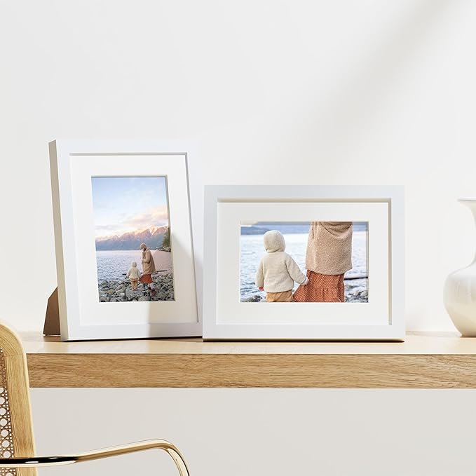 Vittanly 6x8 Picture Frames Set of 9, Shatter Resistant Plexiglass, Display 4x6 Pictures with Mat or 6x8 without Mat, Photo Frames for Wall or Tabletop, Engineered Wood, White