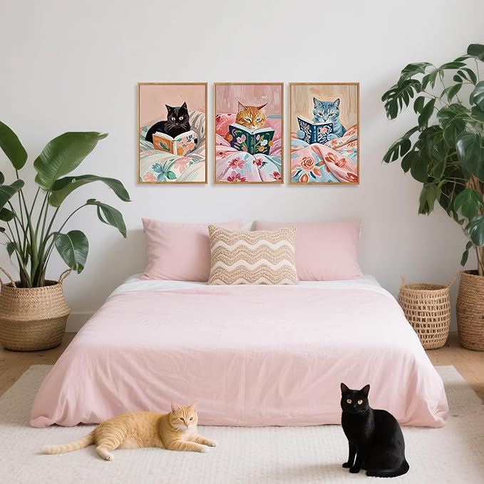 HPNIUB Framed Vintage Black Cats Canvas Wall Art, Funny Animal Reading Books Poster Printing Pictures, Pink Cute Cat Lovers Wall Decor for Girls Room Bedroom Kids Room Living Room Classroom- 16 x24 x3