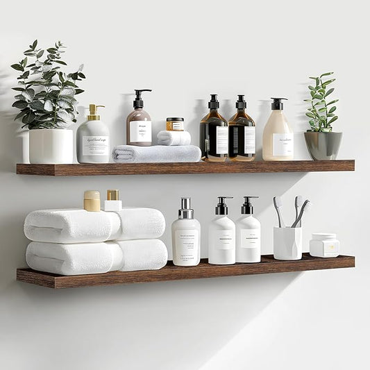 LaVie Home Floating Shelves, 36 Inch Wall Shelf Set of 2, Hanging Shelf with Invisible Brackets, Wall Decor for Bathroom, Bedroom, Living Room, Kitchen Storage, Rustic Brown